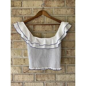 NWT Likely Athena Smocked Ruffle Top Blue White S Bloomingdale’s Revolve Cropped